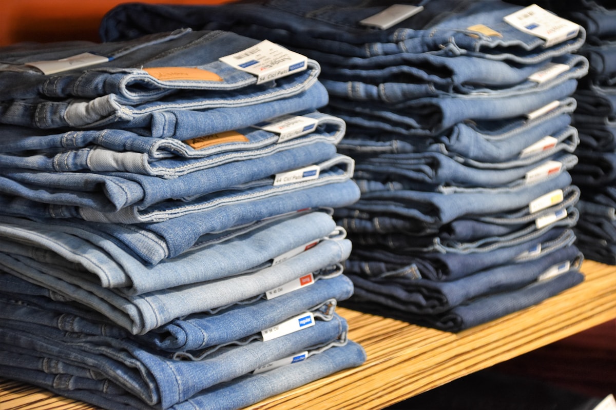 Stacks of finished denim jeans